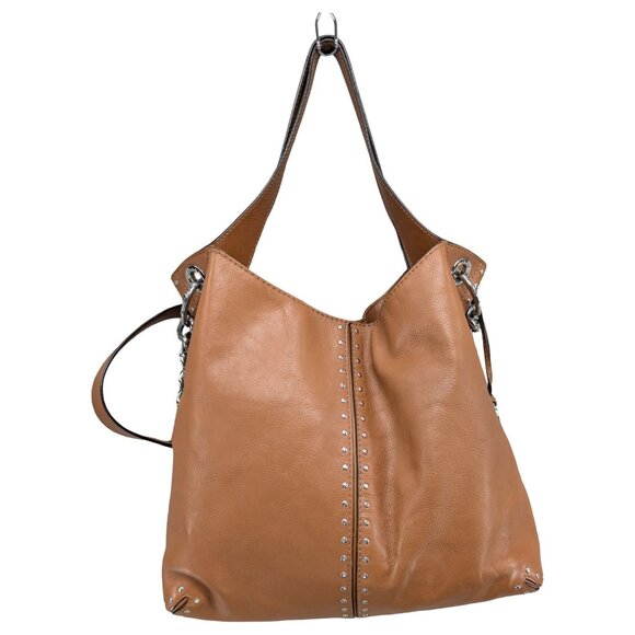 Michael Kors Leather Astor Tote Bag Tan Brown Shoulder Bag 2 Straps Studded 15" - Picture 6 of 13